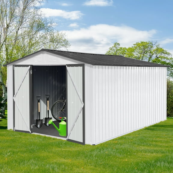 Sleek White & Grey 10ft x 12ft Metal Garden Shed The Ideal Outdoor Storage Solution! Enjoy Ample Space and Stylish Design to Keep Your Tools and Garden Gear Organized and Protected!