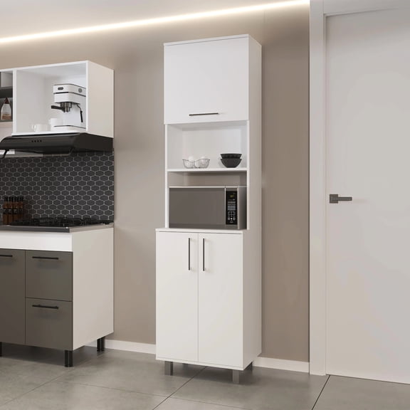 Sleek White Kitchen Pantry Featuring 2- Doors And Open Storage - Decorative Functional Unit With Effortless Streamlined Design