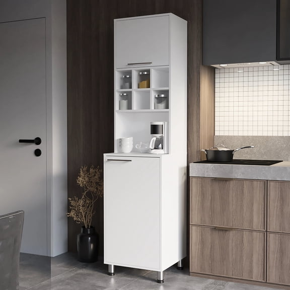 Sleek White Kitchen Pantry With Organized Setup - 7 Shelves And 2 Doors Ample Interior Space