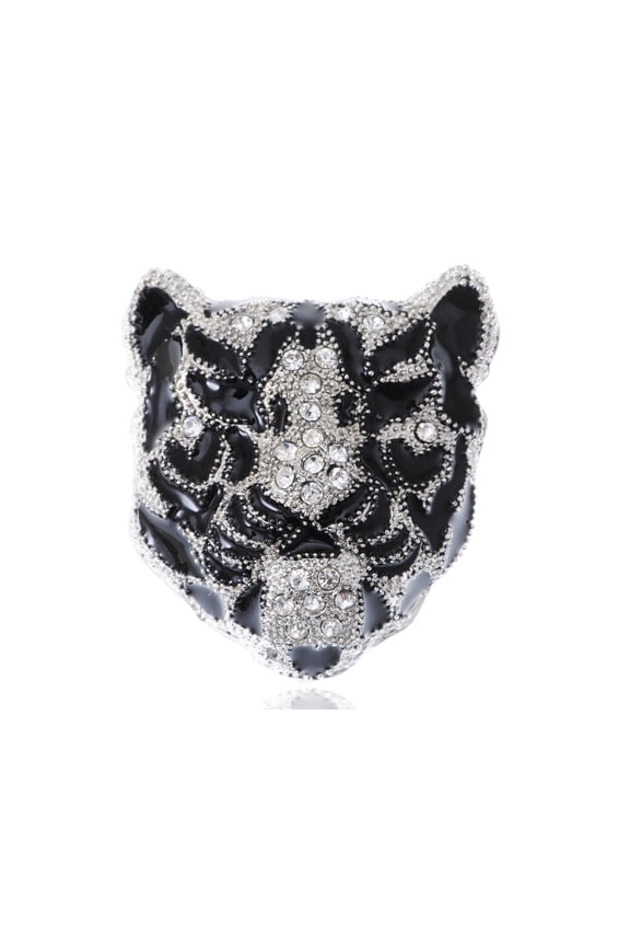 Sleek White Rhinestone Crystal Black Panther Tiger Leopard Kitty Cat Warrior Head Pin Brooch