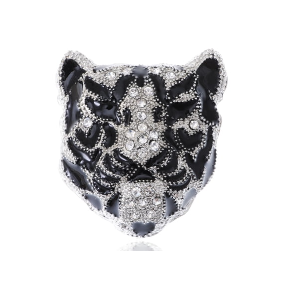Sleek White Rhinestone Crystal Black Panther Tiger Leopard Kitty Cat Warrior Head Pin Brooch