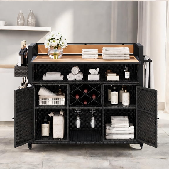 Sleek black wicker outdoor grill cart with 7 shelves and wine rack, versatile rolling kitchen island for patio, backyard, and poolside