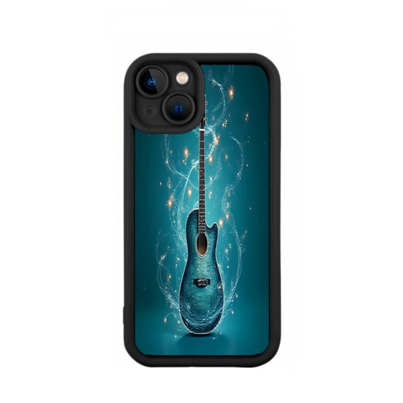 Sleek iPhone 15 Case - Lightweight Yellowing Resistant with Vibrant Blue Electric Guitar Design on Teal Background Perfect Fit with Camera Cutout