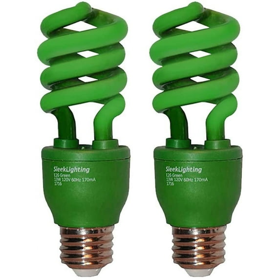 SleekLighting 13 Watt Green Spiral CFL Light Bulb 120Volt, E26 Medium Base. (Pack of 2)