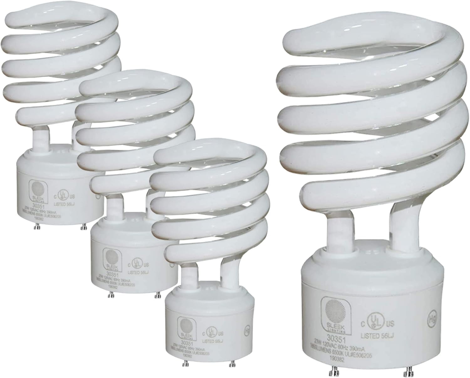 Sleek Lighting 23-Watt T2 Spiral CFL Fluorescent Light Bulbs with GU24 Base, Self-Ballasted Light Bulb for Bedroom Lighting, 1600 Lumens, 3500K 4-Pack