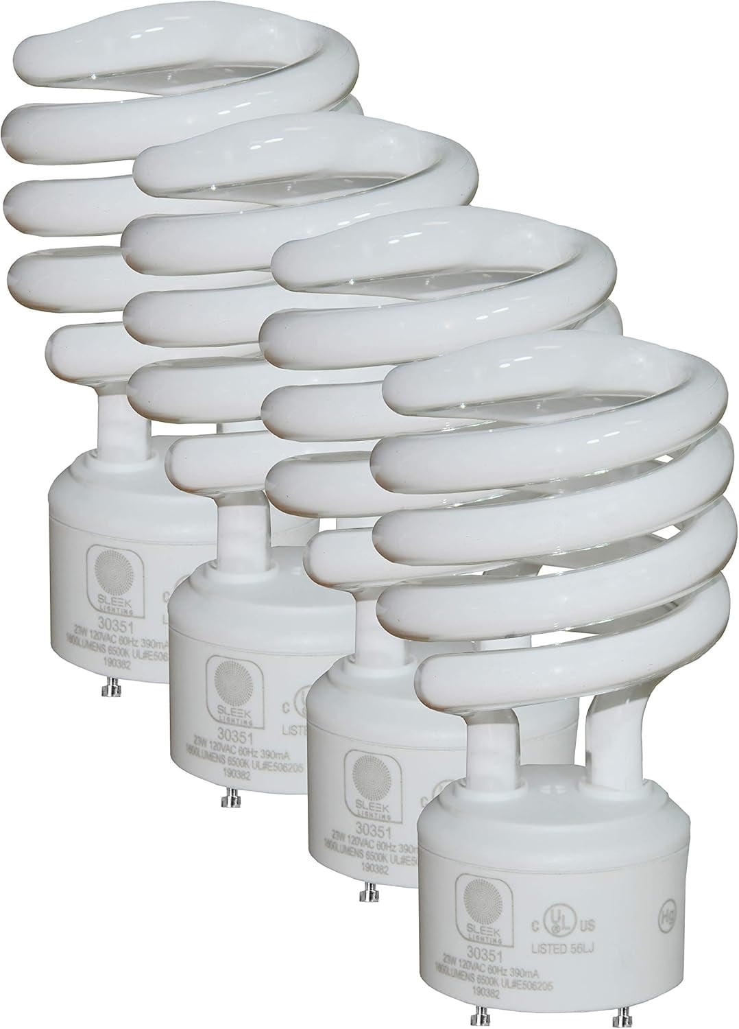 Sleek Lighting 23-Watt T2 Spiral CFL Fluorescent Light Bulbs with GU24 Base, Self-Ballasted Light Bulb for Bedroom Lighting, 1600 Lumens, 6500K 4-Pack