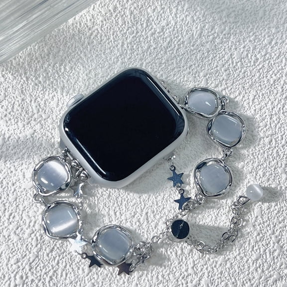 Sleektime Adjustable Metal Watch Band for Apple Watch 42mm/44mm/45mm/46mm/49mm, Resin Moonstone Star Design Replacement Strap Band,Silver