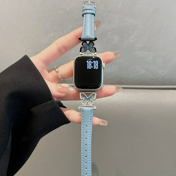Sleektime Butterfly Design Leather Watch Band for Apple Watch 42mm 44mm 45mm 46mm 49mm – Elegant Slim Strap with Metal Buckle, Adjustable & Fashionable Wristband for Business or Casual,Blue
