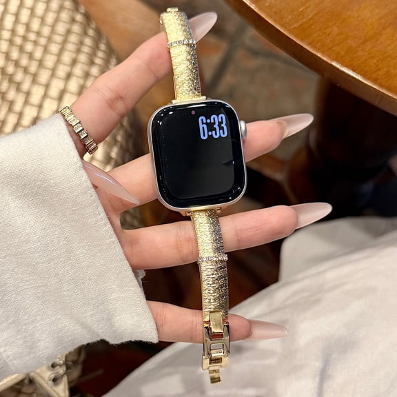 Sleektime Diamond Metal Band for Apple Watch 42mm 44mm 45mm 46mm 49mm, Waterproof Adjustable Slim Bracelet Strap for iWatch Series, Stylish Sparkling Women.s Replacement Band,Gold