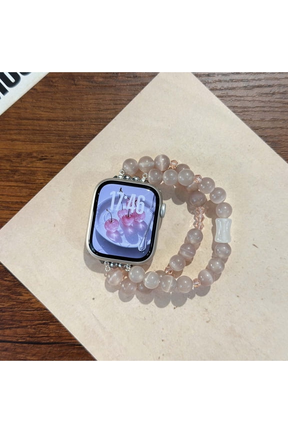 Elegant Agate Bead Bracelet Watch Strap for Apple Watch 42mm 44mm 45mm 46mm 49mm – Elastic Stretch Waterproof & Breathable Band for Women, Stylish and Comfortable,Pink