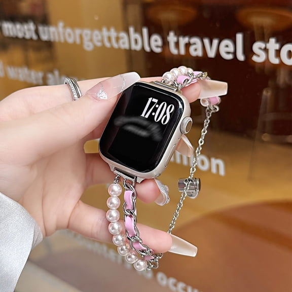 Sleektime Fashion Pearl Chain Bracelet Band Compatible with Apple Watch 42mm 44mm 45mm 46mm 49mm, Adjustable Slim PU Leather and Metal Link Jewelry Strap for iWatch Series 1-10 SE,Pink
