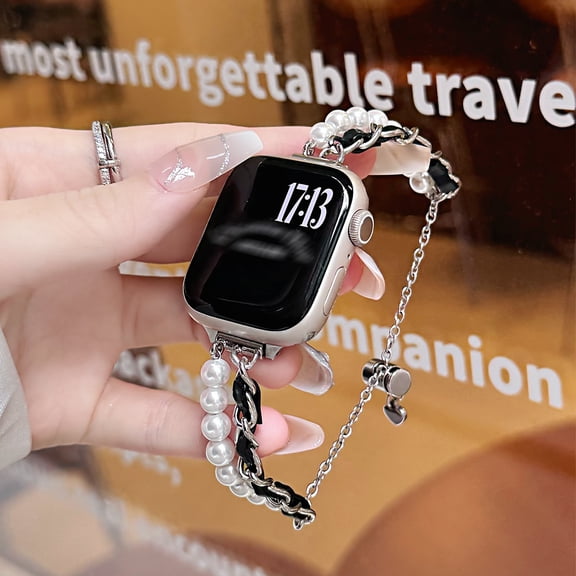 Sleektime Fashion Pearl Chain Bracelet Band Compatible with Apple Watch 42mm 44mm 45mm 46mm 49mm, Adjustable Slim PU Leather and Metal Link Jewelry Strap for iWatch Series 1-10 SE,Black