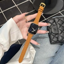 Sleektime Genuine Leather Watch Band Compatible with Apple Watch 42mm 44mm 45mm 46mm 49mm, Classic Business Fashion Strap with Gold Buckle for Men and Women,Brown