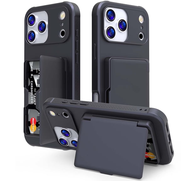 Sleektime Rugged PC Back Case for iPhone 17 Pro with Mirror, Cash & Credit Card Slots, Kickstand Durable Shockproof Cover for Women & Men, Slim Wallet Design, Full Protection,Black