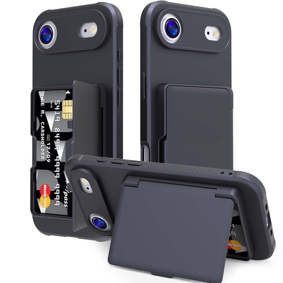 Sleektime Rugged PC Back Case for iPhone Air with Mirror, Cash & Credit Card Slots, Kickstand Durable Shockproof Cover for Women & Men, Slim Wallet Design, Full Protection,Black