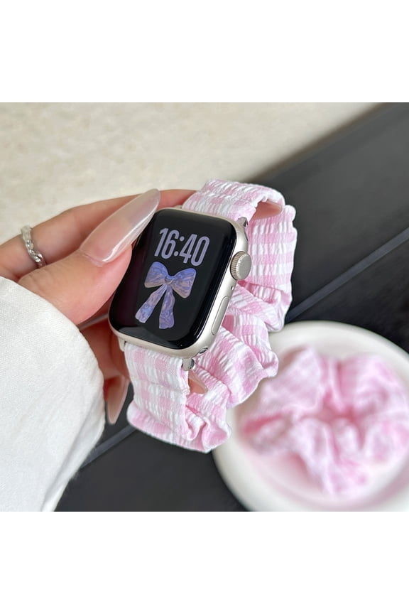 Scrunchie Watch Band for Apple Watch 38mm 40mm 41mm 42mm, Elastic Gingham Canvas Strap for iWatch Series 9 8 7 6 SE Women Girls, Soft Stretch Replacement Band,Pink