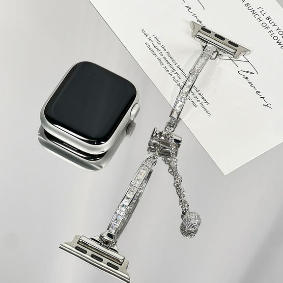 Sleektime Slim Metal Band with Diamonds for Apple Watch 42-49mm, Adjustable Elegant Strap,Silver