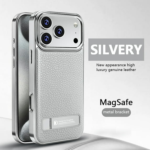 Sleektime For iPhone 14 Pro Max Case, Business PU Leather Premium Shock-Absorbent PC+TPU Back Cover with Hidden Kickstand, Magnetic Wireless Charging Anti-Scratch Case For iPhone 14 Pro Max,Silver