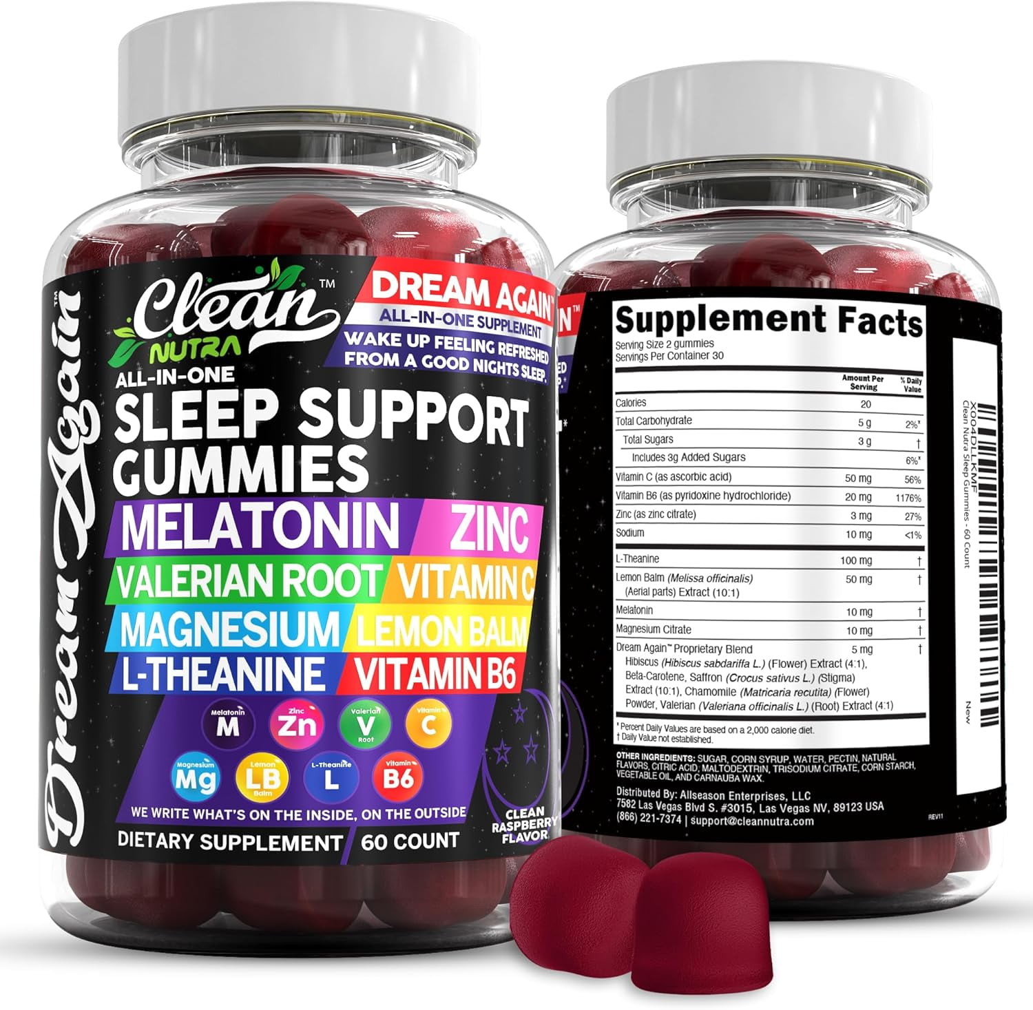 Sleep Aid Melatonin Gummies | Valerian Root L-Theanine Vitamin B6 C Lemon Balm Magnesium Hibiscus Beta Carotene Saffron & Chamomile Rest Support Supplement Raspberry Flavor Dream Again by Clean Nutra