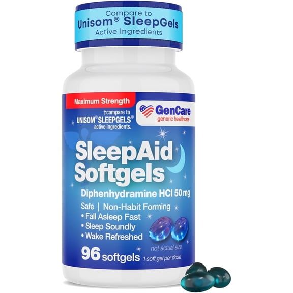GenCare Maximum Strength Sleep Aid Pills Diphenhydramine HCl 50mg, 96 Softgels