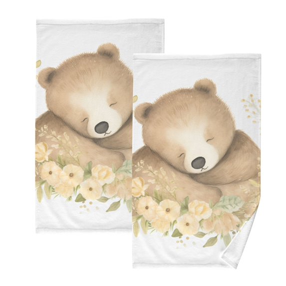 Sleep Bear Flowers Hand Towel Bath Towels Face Towels Cotton Absorbent for Home Hotel Spa Swimming Yoga Sports Decorative Towel Set of 2