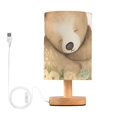 thumbnail image 1 of Sleep Bear Flowers Table Lamp USB Bedside Desk Nightstand Lamp Printed Gifts Small Lamp Wood Base for Bedroom Living Room Kids Room College Dorm, 1 of 7