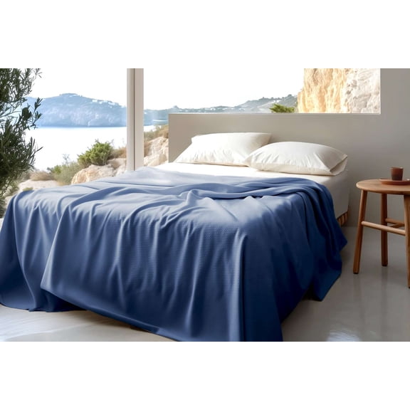 Sleep & Beyond 100% Organic Cotton Honeycomb Blanket - Jacquard Weave - Soft Breathable and Reversible Design - Comfortable Sleep for All Seasons -Twin Size - Pacific Blue