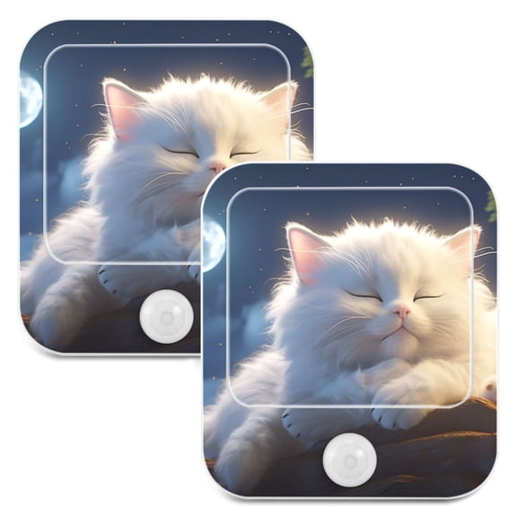 Sleep Cat with Moon Trees Night Lights Plug into Wall LED with Auto Light Sensor Warm Light for Kids Hallway Bedroom Living Room Kitchen Bathroom Set of 2