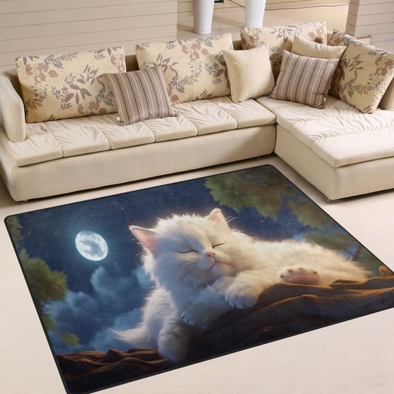 Sleep Cat with Moon Trees Area Rug Washable 80 x 58 Floor Carpet Mat Non Slip for Bedroom Living Room Home Decor