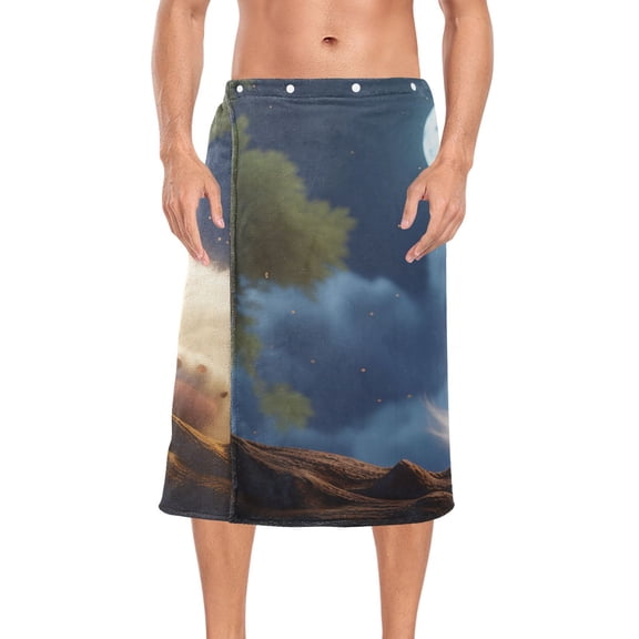 Sleep Cat with Moon Trees Bath Towel Wrap for Man Adjustable Shower Wrap Button Closure Body Towel for Sauna Gym