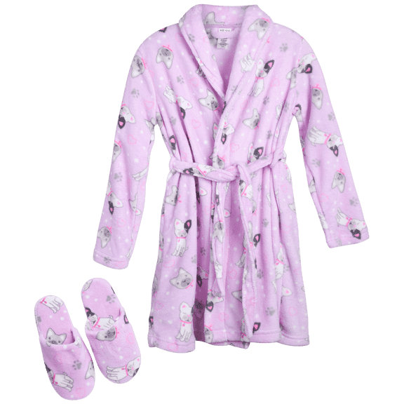 Sleep & Co Girls Bathrobe Set - Soft Plush Fleece Bathrobe with Matching Slippers for Girls