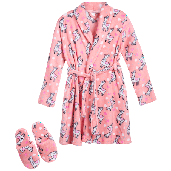 Sleep & Co Girls’ Bathrobe Set – Fleece Robe with Slippers Pajama Set (Size: 7-16)