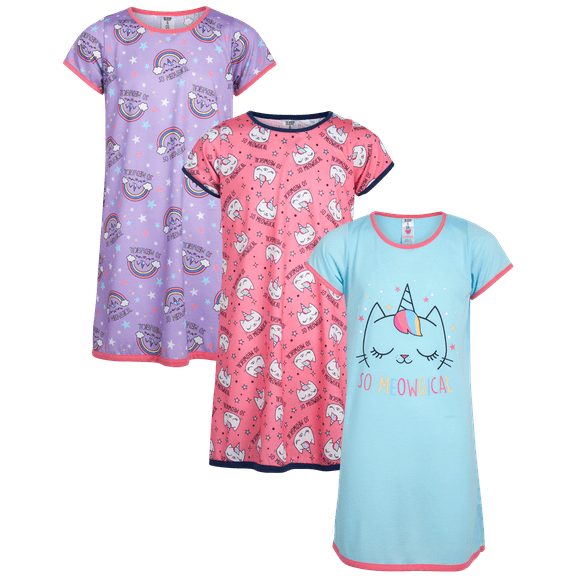 Sleep & Co Girls Nightgowns - 3 Pack Short Sleeve Girls Pajamas Night Gown Sleep Shirts Dress (5-16)