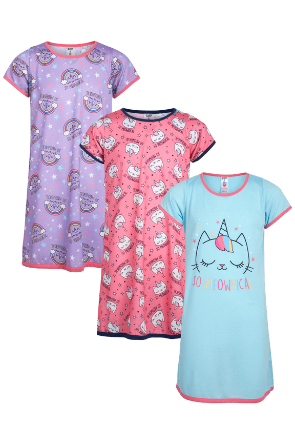 Girls Nightgowns - 3 Pack Short Sleeve Girls Pajamas Night Gown Sleep Shirts Dress (5-16)