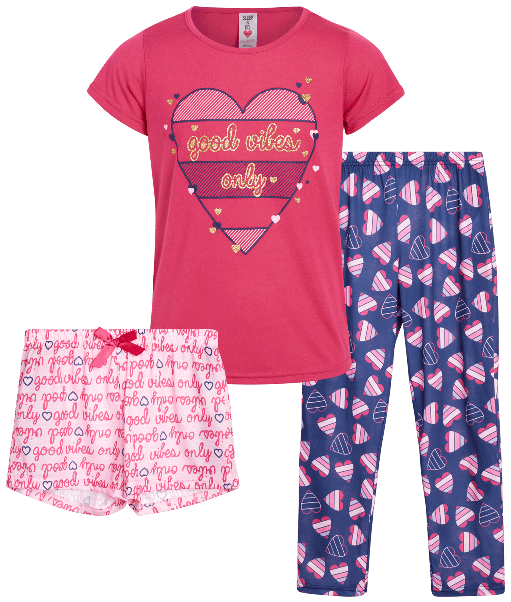 Sleep & Co Girls Sleepwear 3 Piece Pajama Set Short Sleeve TShirt