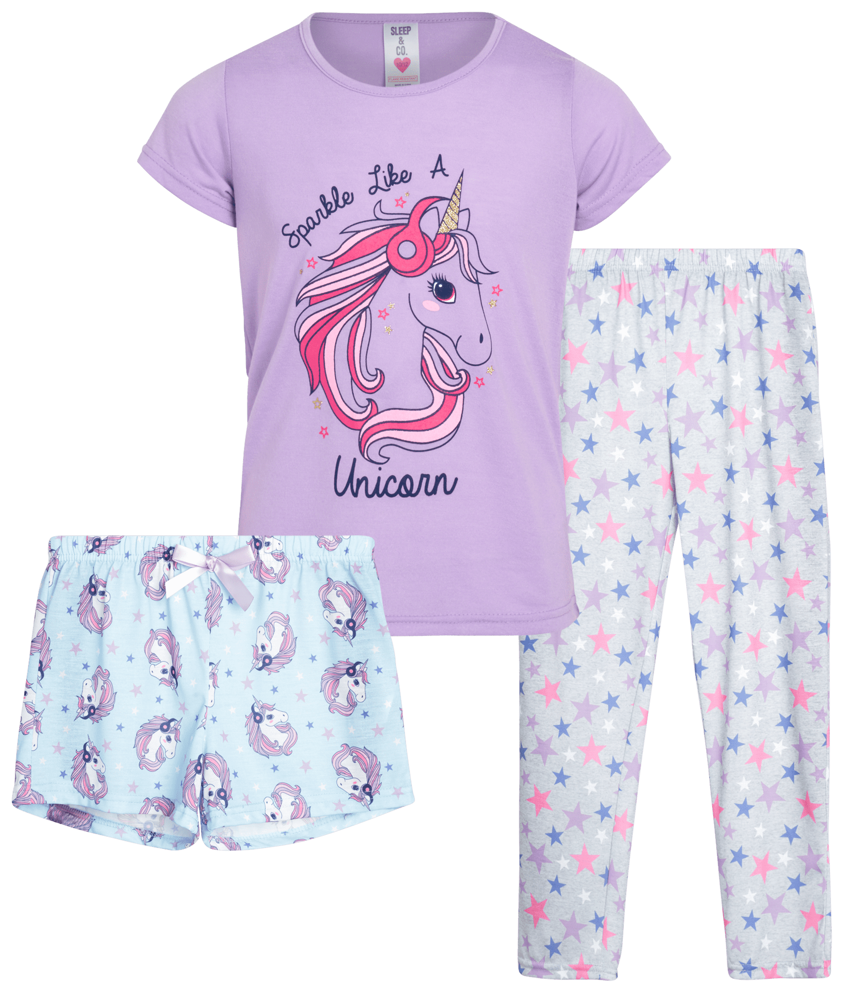 Sleep & Co Girls Sleepwear 3 Piece Pajama Set - Short Sleeve T-Shirt ...