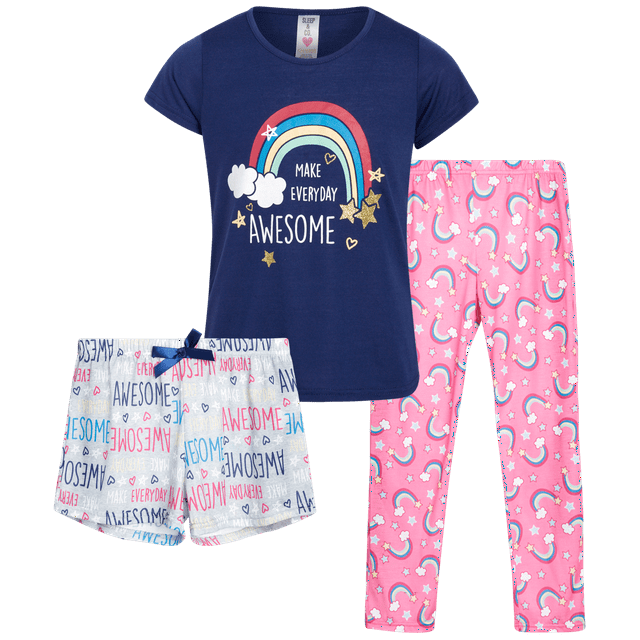 Sleep & Co Girls Sleepwear 3 Piece Pajama Set - Short Sleeve T-Shirt ...
