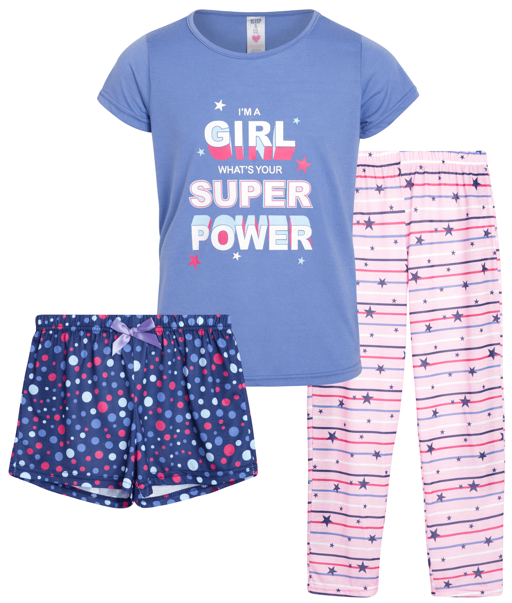 Sleep & Co Girls Sleepwear 3 Piece Pajama Set Short Sleeve TShirt