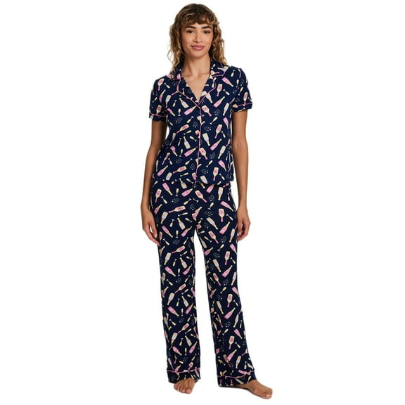 Sleep & Co. Women's & Women's Plus Short Sleeve Fesitve Notch Collar Button Down with Pant Pajama Sleep Lounge Set, 2-Piece, Sizes S-2XL