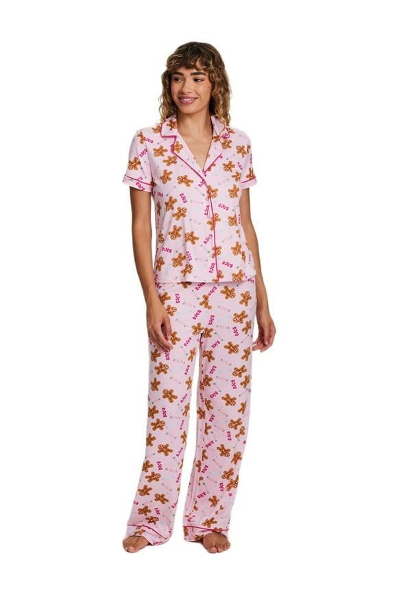 . Women's & Women's Plus Short Sleeve Fesitve Notch Collar Button Down with Pant Pajama Sleep Lounge Set, 2-Piece, Sizes S-2XL