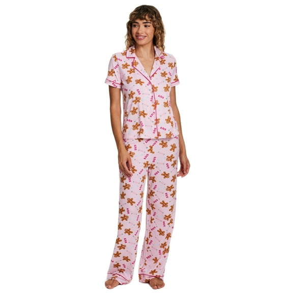 Sleep & Co. Women's & Women's Plus Short Sleeve Fesitve Notch Collar Button Down with Pant Pajama Sleep Lounge Set, 2-Piece, Sizes S-2XL