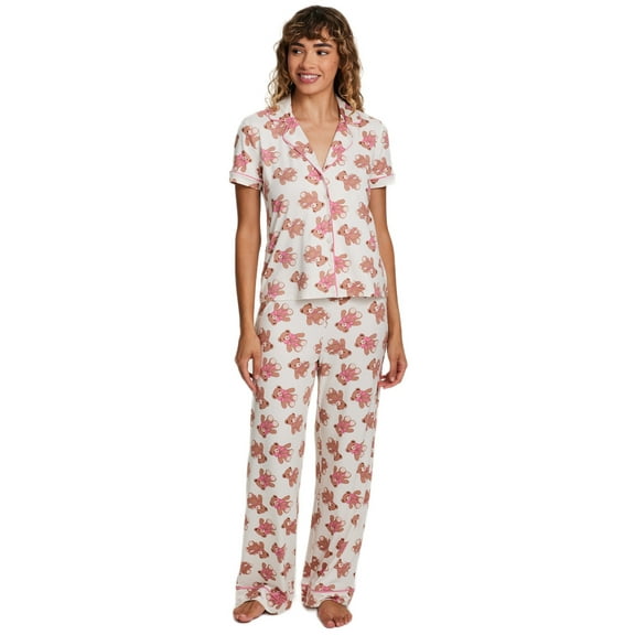 Sleep & Co. Women's & Women's Plus Short Sleeve Fesitve Notch Collar Button Down with Pant Pajama Sleep Lounge Set, 2-Piece, Sizes S-2XL