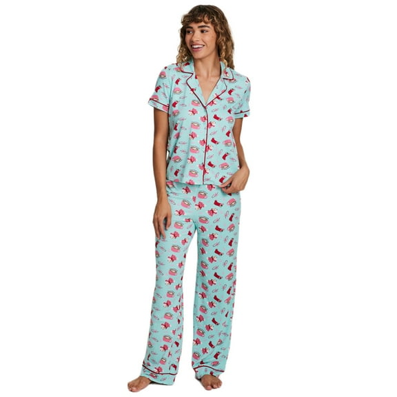 Sleep & Co. Women's & Women's Plus Short Sleeve Fesitve Notch Collar Button Down with Pant Pajama Sleep Lounge Set, 2-Piece, Sizes S-2XL