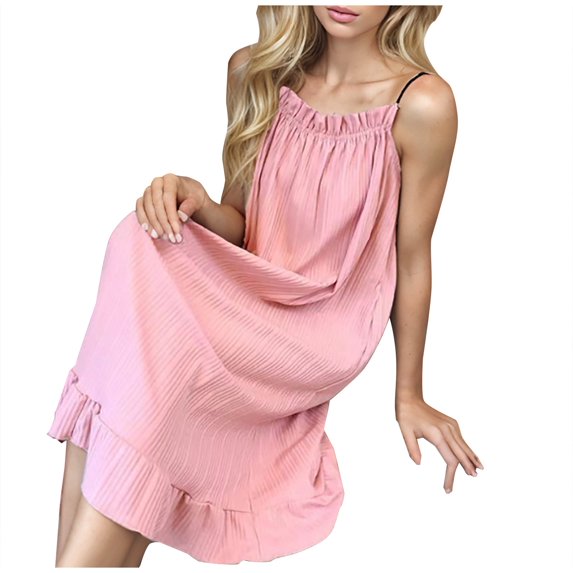 Sleep Dress Plus Size New Women's Summer Sleeveless Pleated Dress Spaghetti Strap Boho Casual Backless Ruffle Nightgown Loose Flowy Sleepdress Pinky XXL