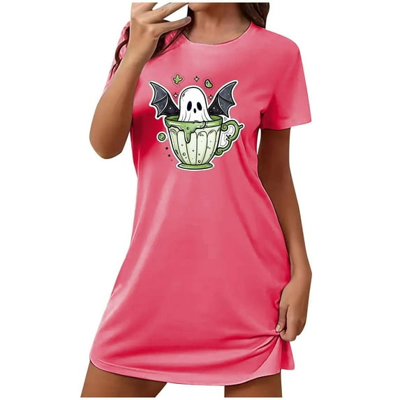 Sleep Dress Womens Tshirt Nightgown Halloween Crewneck Sleepshirts Comfy Casual Nightshirt for Women Evening Dresses S-238 Hot Pink-a M