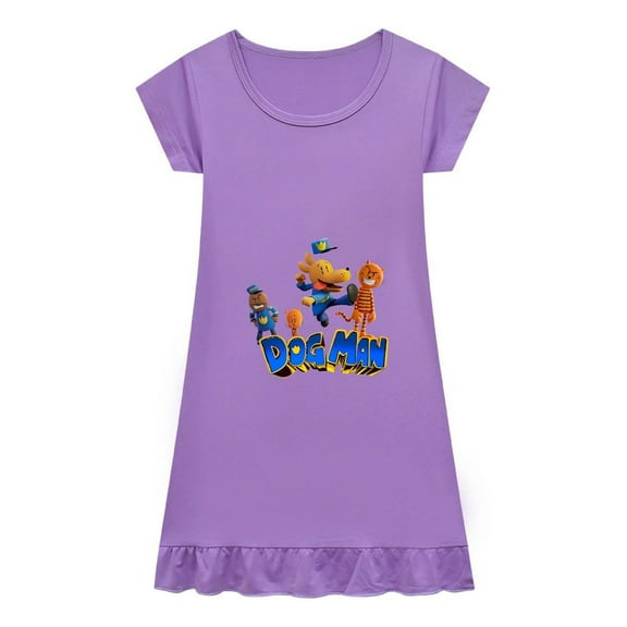 Sleep Dress for Girls Dog Man Print Nightgown Short Sleeve Birthday Gift