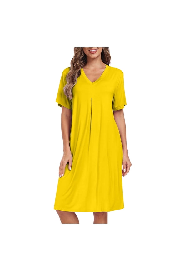 Sleep Dress for Women Short Sleeve V-neck Sleepshirt Soft Casual Loose Fit Breathable Nightshirt Lightweight Comfortable Sleepwear Yellow XL