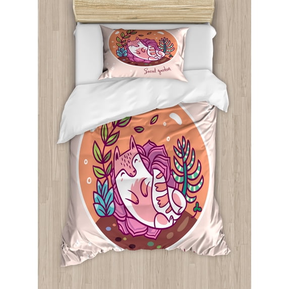 Sleep Duvet Cover Set Twin Size, Succulent Garden Terrarium with Kawaii Cat Japanese Style Nature Illustration, Decorative 2 Piece Bedding Set with 1 Pillow Sham, Multicolor, by Ambesonne