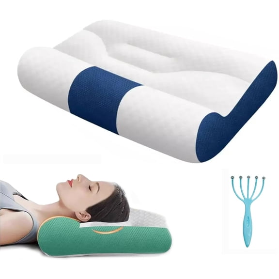 Sleep Enhancing Cervical Support Comfort Goose Down Pillow, Ergonomic Cervical Traction Pillow for Sleeping Neck Support Orthopedic for Side Sleeper Memory Foam (Blue, 11.8 * 19.8in)