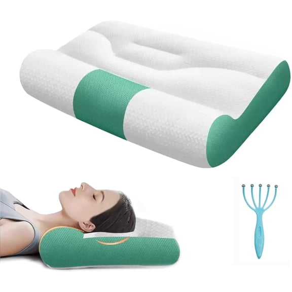 Sleep Enhancing Cervical Support Comfort Goose Down Pillow, Ergonomic Cervical Traction Pillow for Sleeping Neck Support Orthopedic for Side Sleeper Memory Foam (Green, 15.7 * 23.6in)